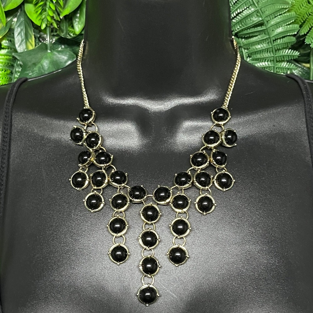 Beaded Statement Necklace Black Gold Tone Tiered Bib Round Drop Glam 3980